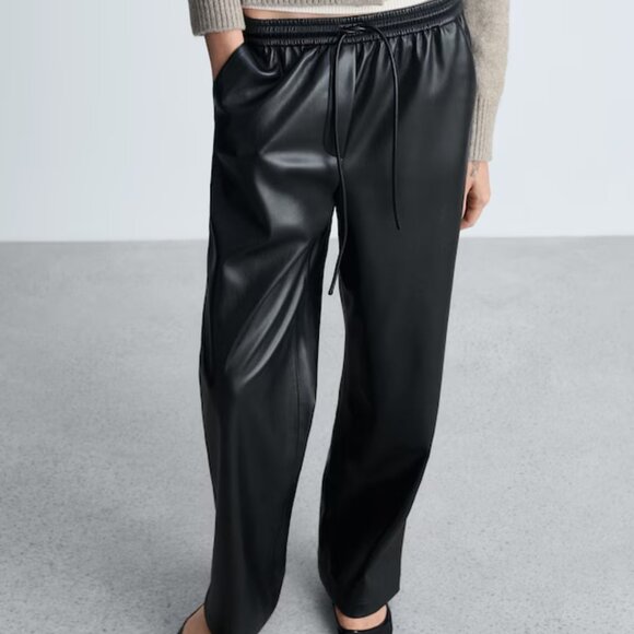 Mango Leather-effect elastic waist trousers, Size Large - Picture 2 of 5